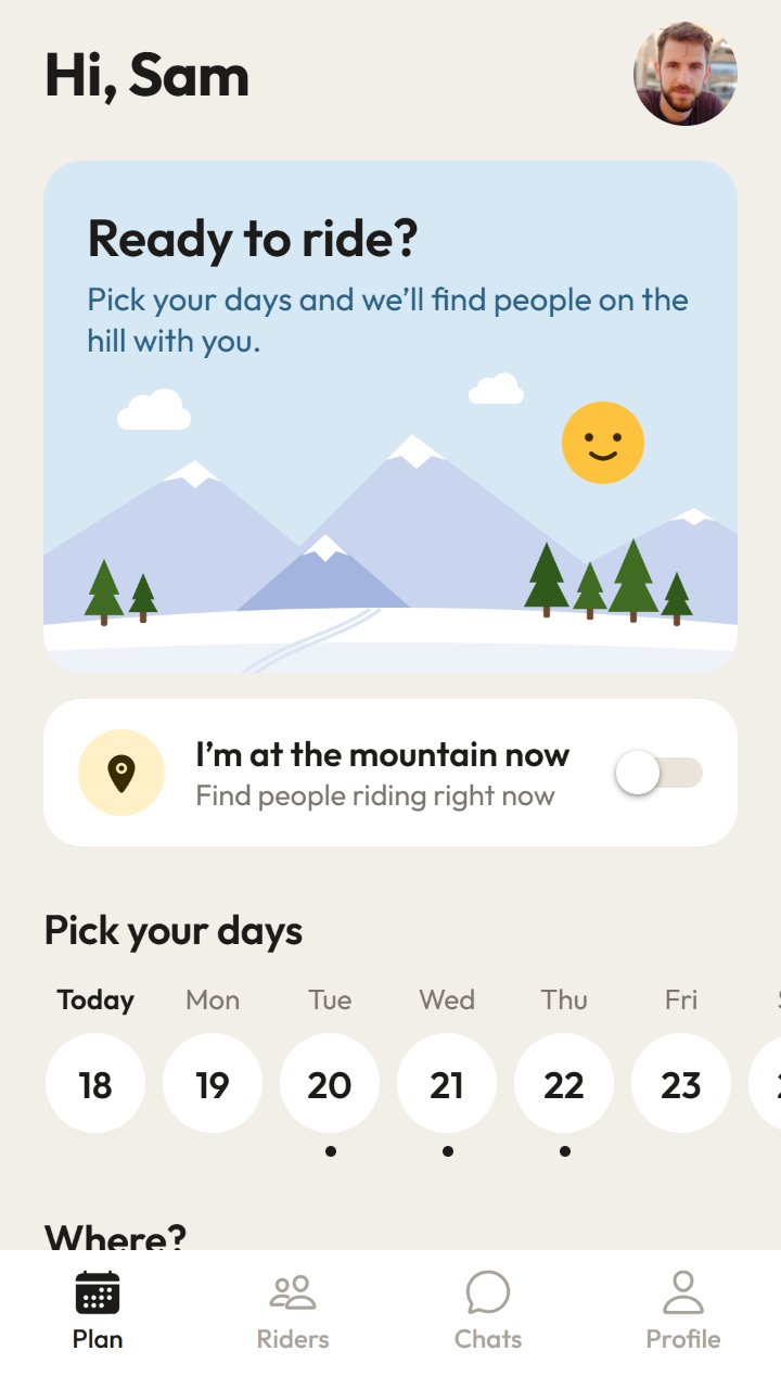 Hedd Plan screen: pick your days and say if you are at the mountain now